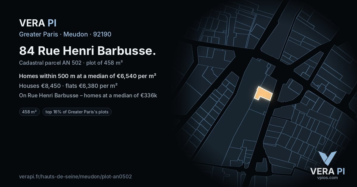 84 Rue Henri Barbusse, Meudon at night – the plot lit, the parcels around coloured by the prices near them