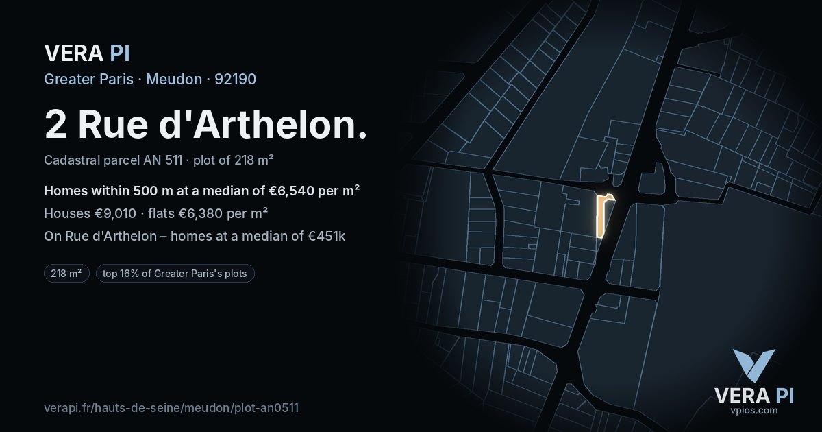 2 Rue d'Arthelon, Meudon at night – the plot lit, the parcels around coloured by the prices near them