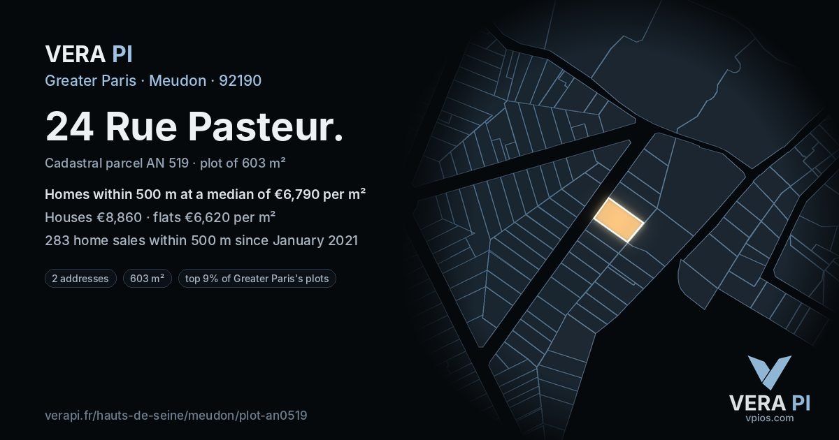 24 Rue Pasteur, Meudon at night – the plot lit, the parcels around coloured by the prices near them