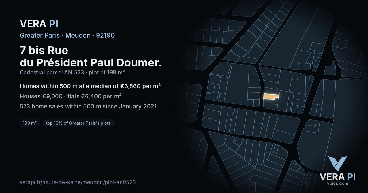 7 bis Rue du Président Paul Doumer, Meudon at night – the plot lit, the parcels around coloured by the prices near them