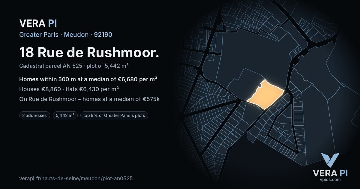 18 Rue de Rushmoor, Meudon at night – the plot lit, the parcels around coloured by the prices near them