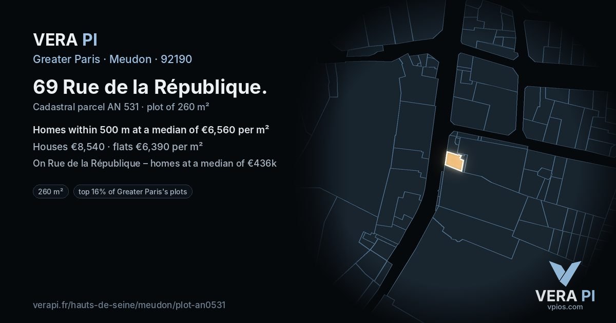 69 Rue de la République, Meudon at night – the plot lit, the parcels around coloured by the prices near them