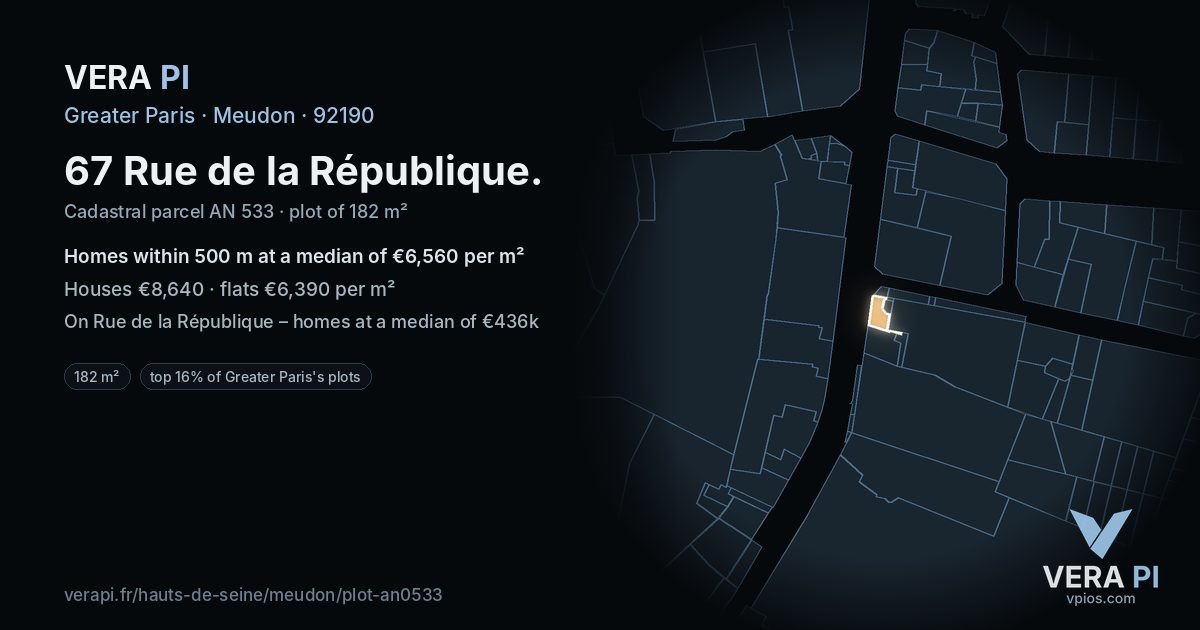 67 Rue de la République, Meudon at night – the plot lit, the parcels around coloured by the prices near them