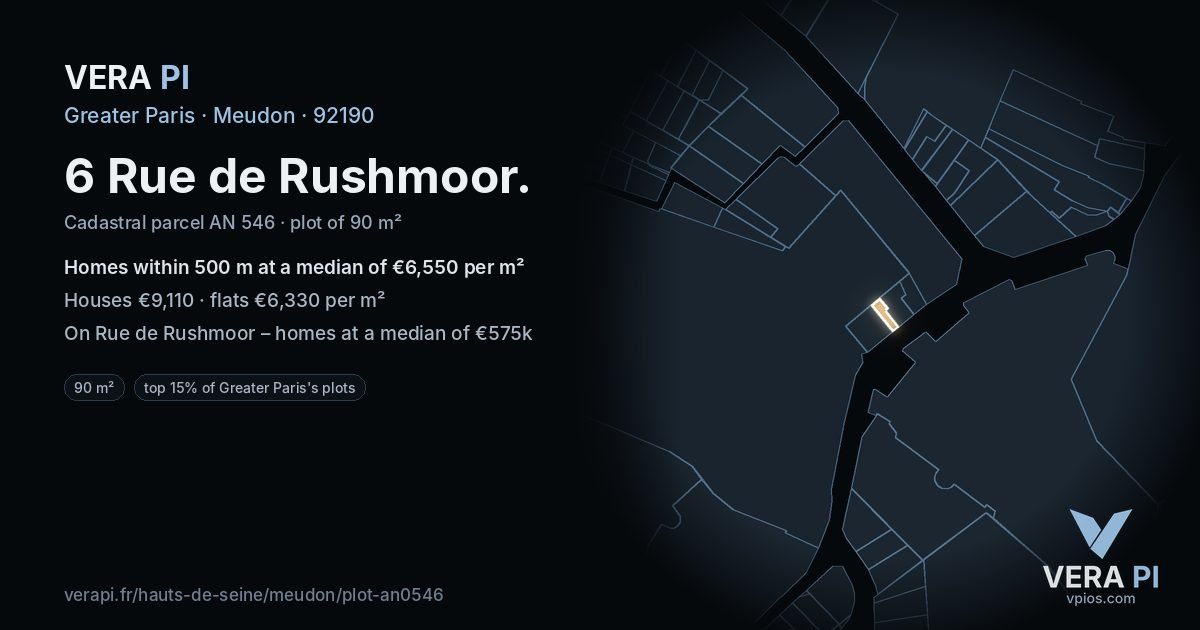 6 Rue de Rushmoor, Meudon at night – the plot lit, the parcels around coloured by the prices near them