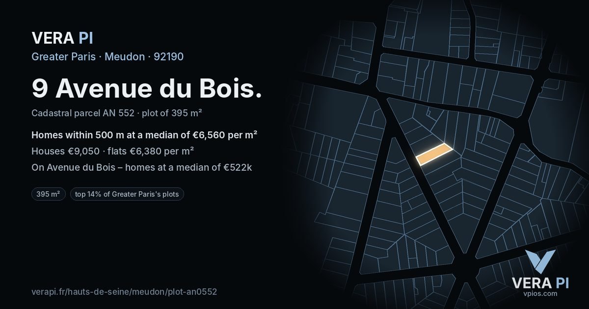 9 Avenue du Bois, Meudon at night – the plot lit, the parcels around coloured by the prices near them