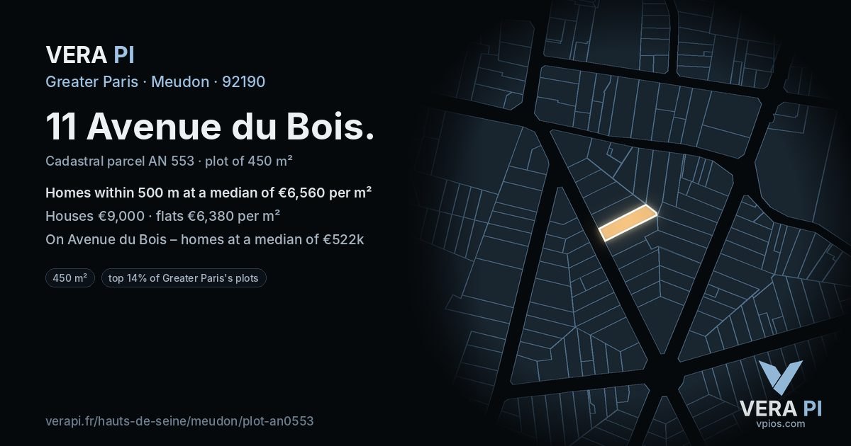 11 Avenue du Bois, Meudon at night – the plot lit, the parcels around coloured by the prices near them
