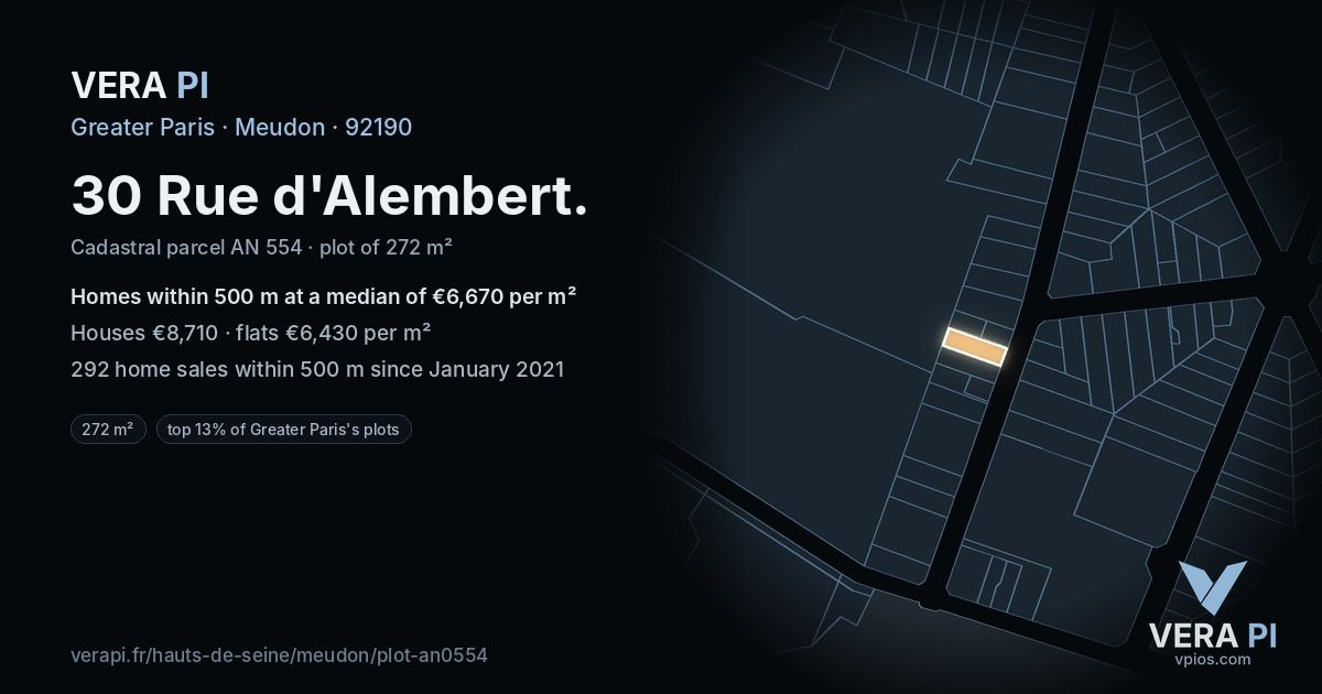 30 Rue d'Alembert, Meudon at night – the plot lit, the parcels around coloured by the prices near them