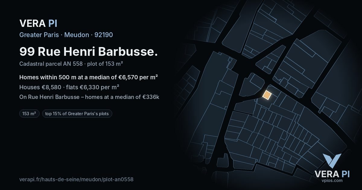 99 Rue Henri Barbusse, Meudon at night – the plot lit, the parcels around coloured by the prices near them