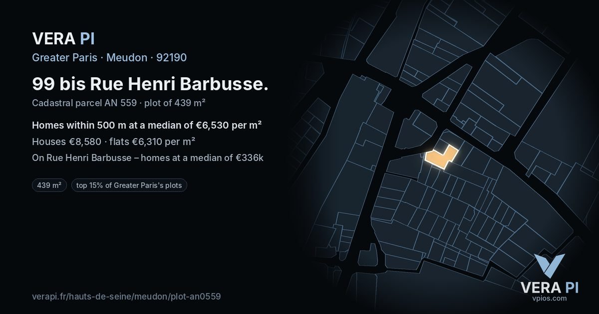 99 bis Rue Henri Barbusse, Meudon at night – the plot lit, the parcels around coloured by the prices near them