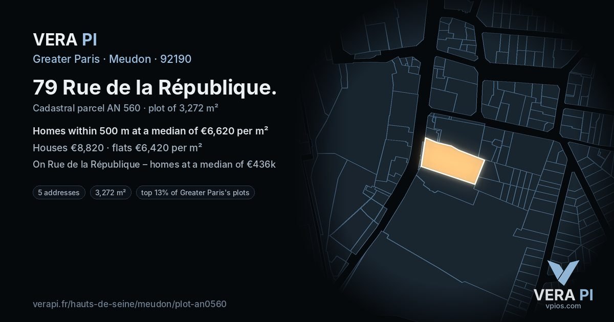 79 Rue de la République, Meudon at night – the plot lit, the parcels around coloured by the prices near them