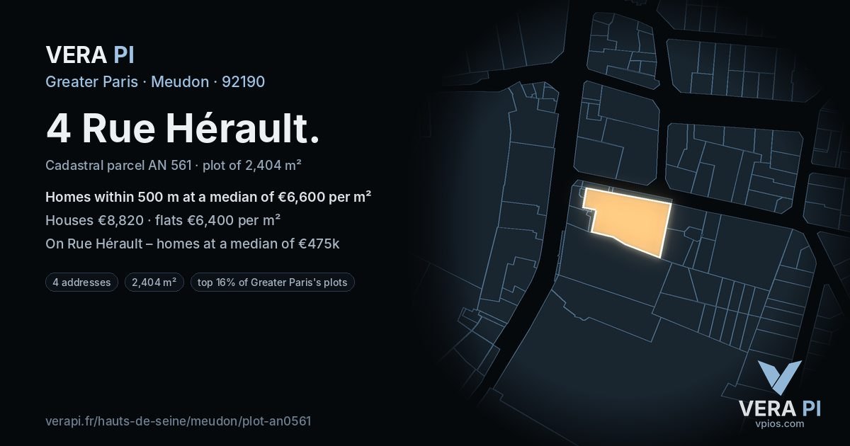 4 Rue Hérault, Meudon at night – the plot lit, the parcels around coloured by the prices near them