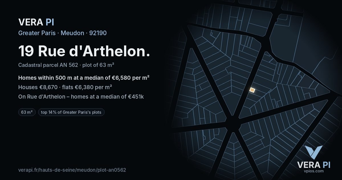 19 Rue d'Arthelon, Meudon at night – the plot lit, the parcels around coloured by the prices near them