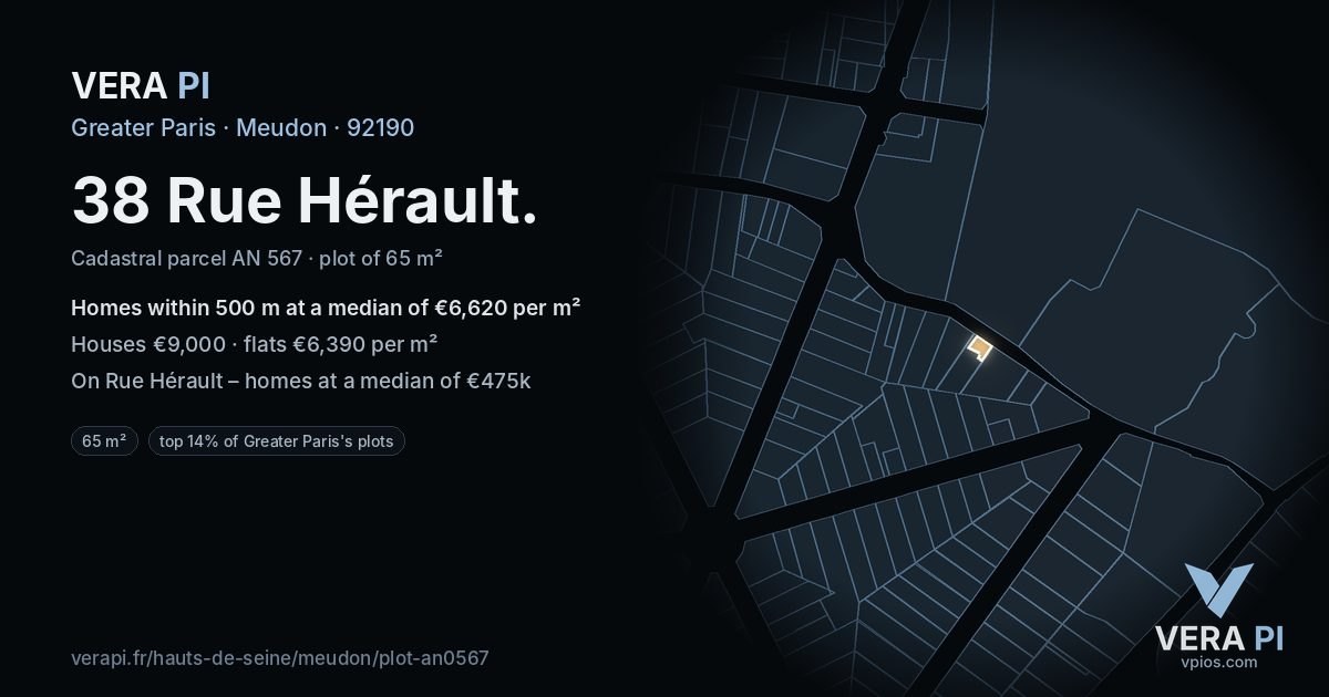 38 Rue Hérault, Meudon at night – the plot lit, the parcels around coloured by the prices near them