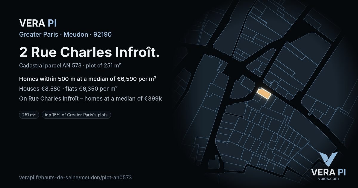 2 Rue Charles Infroît, Meudon at night – the plot lit, the parcels around coloured by the prices near them