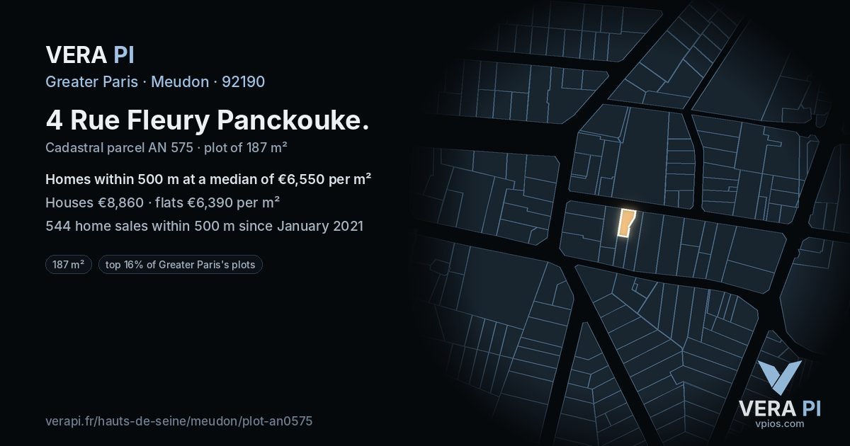 4 Rue Fleury Panckouke, Meudon at night – the plot lit, the parcels around coloured by the prices near them