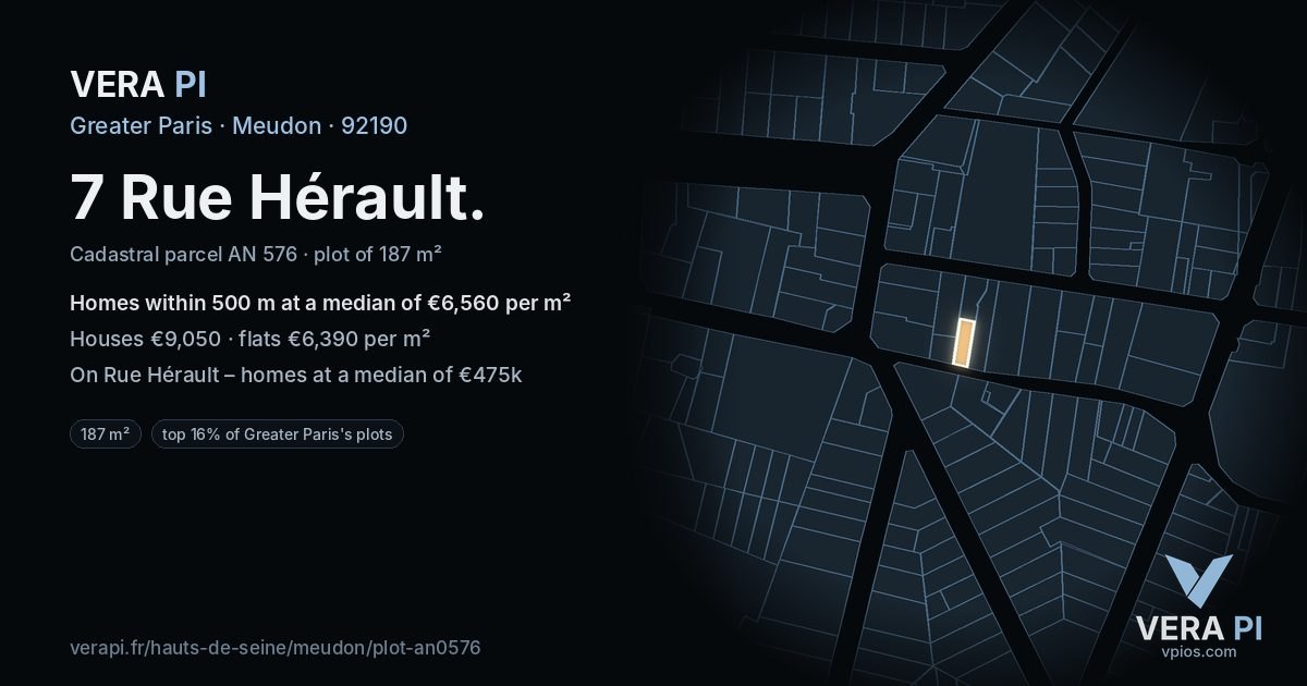 7 Rue Hérault, Meudon at night – the plot lit, the parcels around coloured by the prices near them