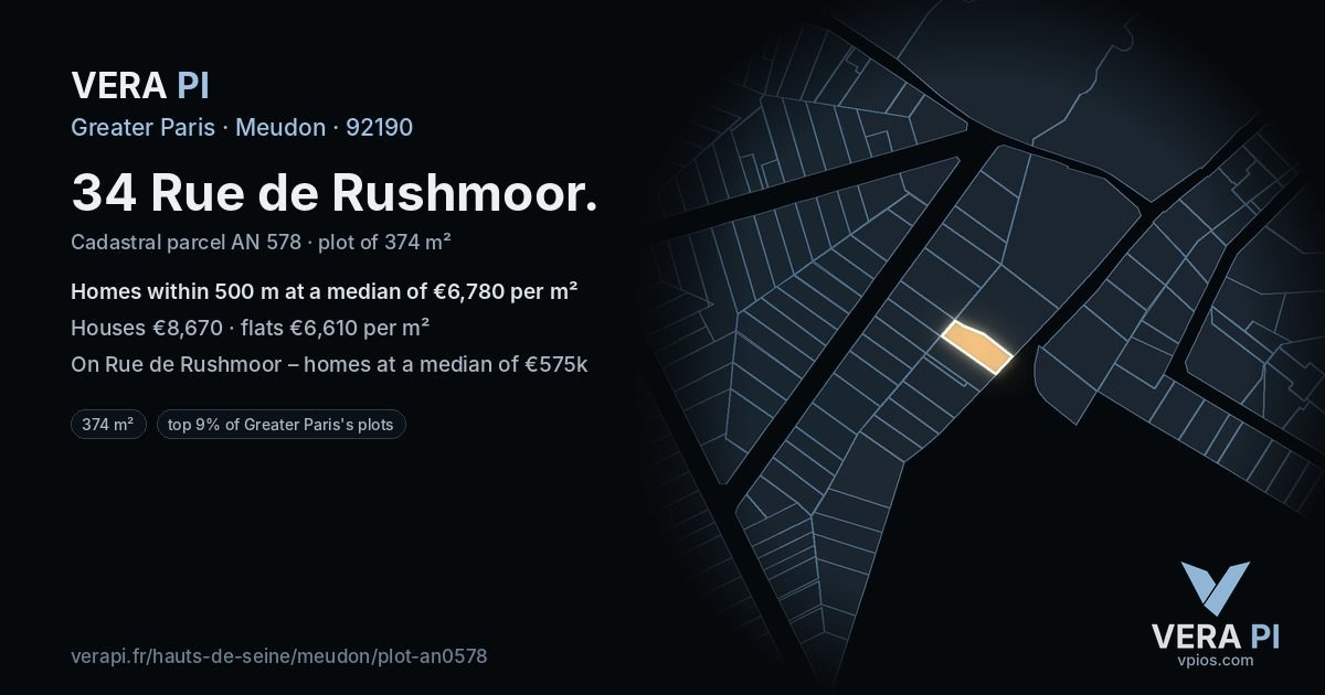 34 Rue de Rushmoor, Meudon at night – the plot lit, the parcels around coloured by the prices near them
