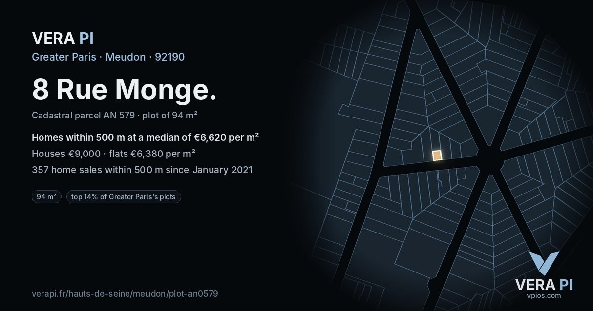 8 Rue Monge, Meudon at night – the plot lit, the parcels around coloured by the prices near them