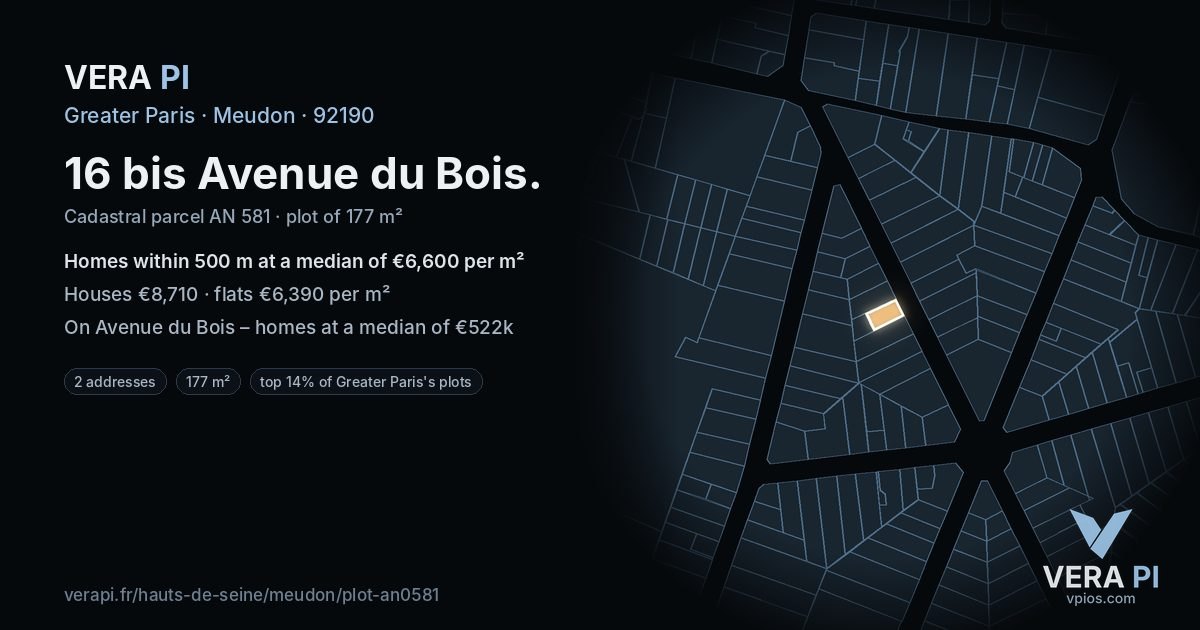16 bis Avenue du Bois, Meudon at night – the plot lit, the parcels around coloured by the prices near them