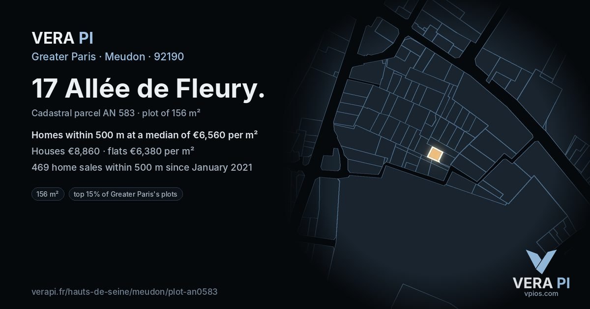 17 Allée de Fleury, Meudon at night – the plot lit, the parcels around coloured by the prices near them