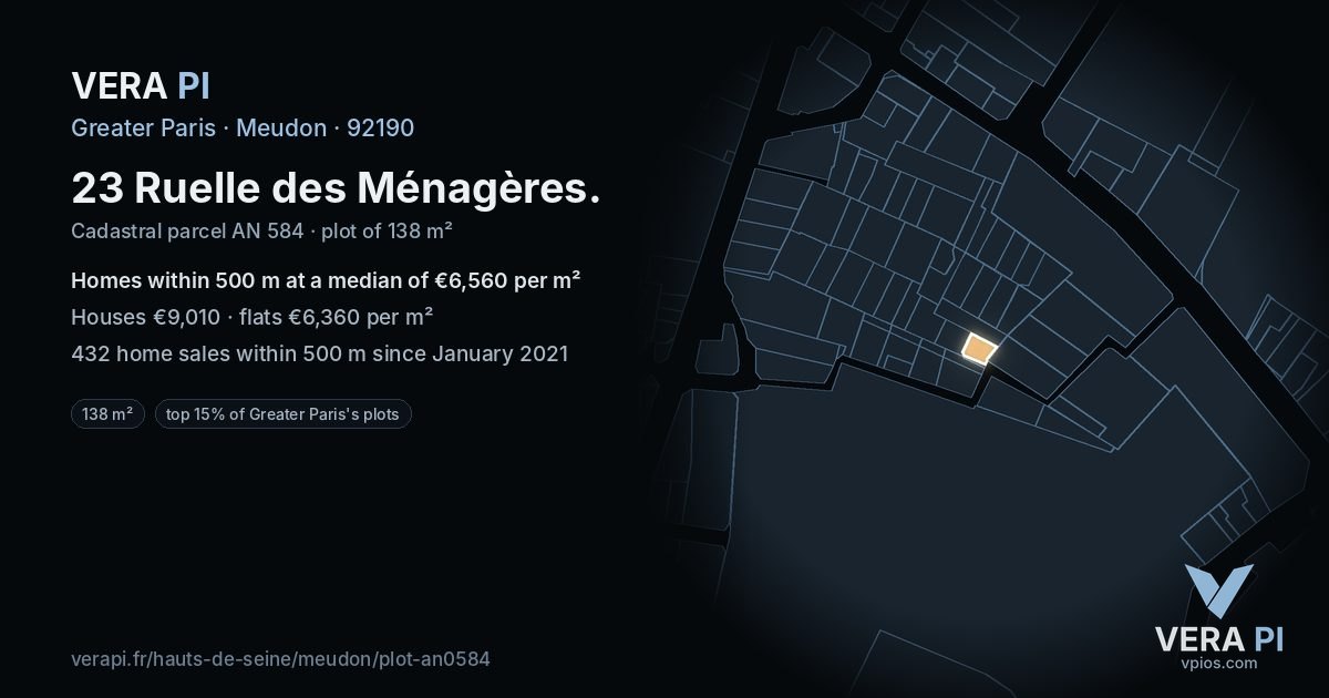 23 Ruelle des Ménagères, Meudon at night – the plot lit, the parcels around coloured by the prices near them
