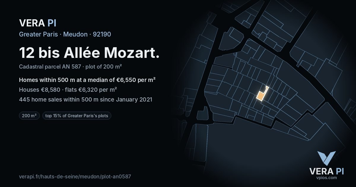 12 bis Allée Mozart, Meudon at night – the plot lit, the parcels around coloured by the prices near them