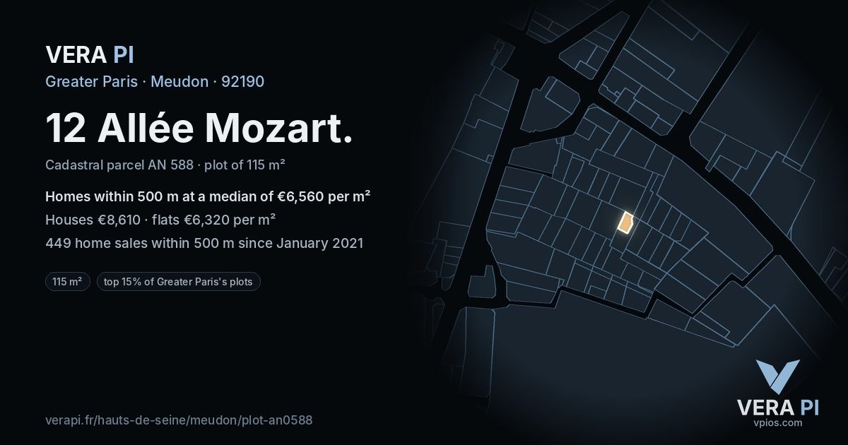 12 Allée Mozart, Meudon at night – the plot lit, the parcels around coloured by the prices near them