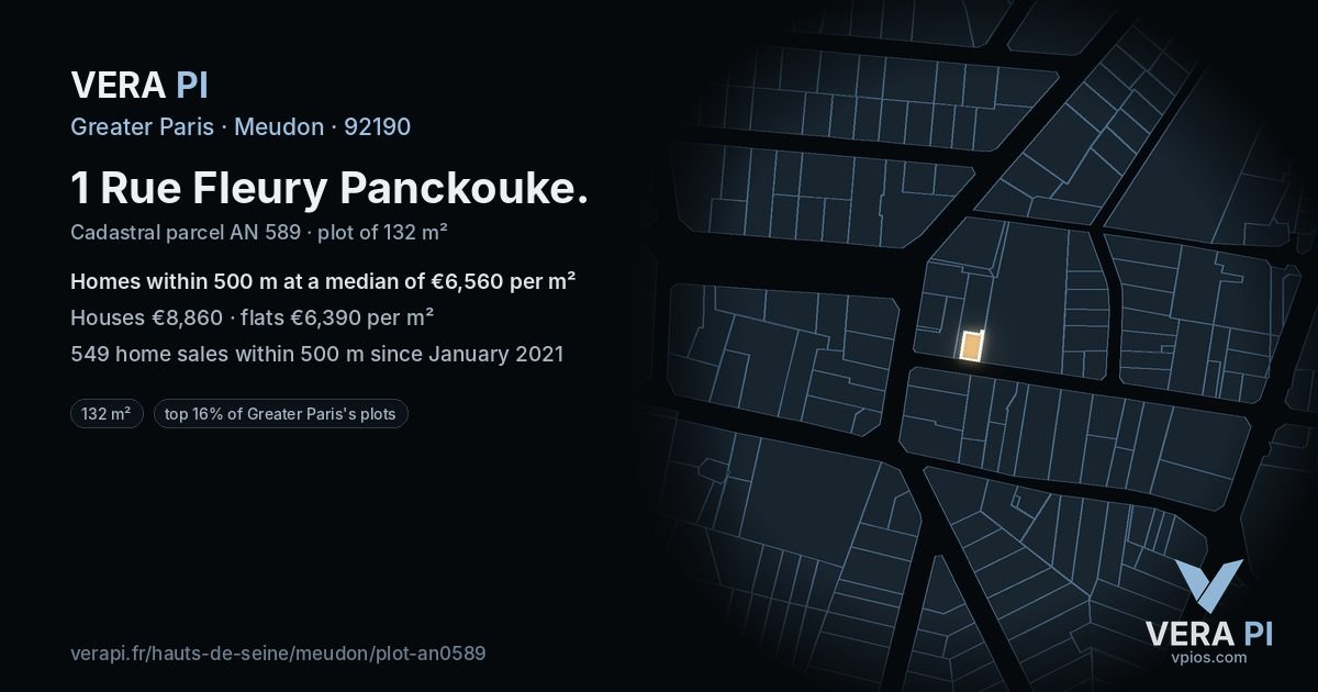 1 Rue Fleury Panckouke, Meudon at night – the plot lit, the parcels around coloured by the prices near them