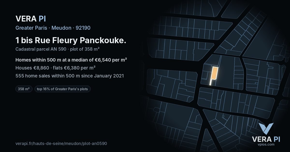1 bis Rue Fleury Panckouke, Meudon at night – the plot lit, the parcels around coloured by the prices near them