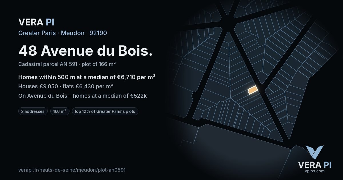 48 Avenue du Bois, Meudon at night – the plot lit, the parcels around coloured by the prices near them