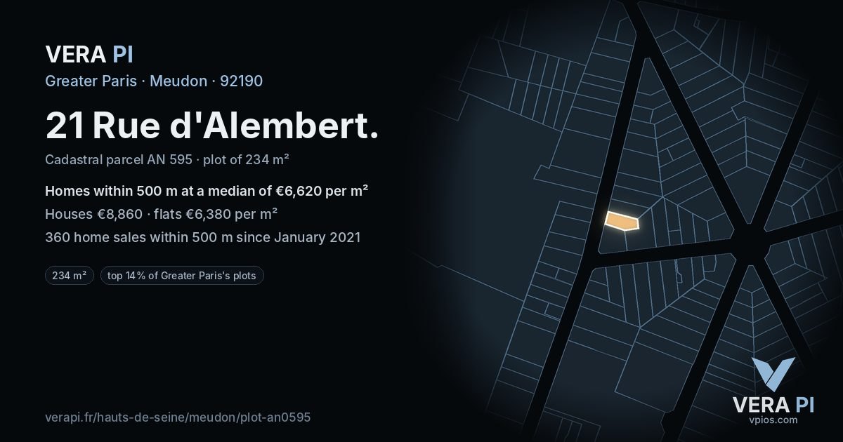 21 Rue d'Alembert, Meudon at night – the plot lit, the parcels around coloured by the prices near them