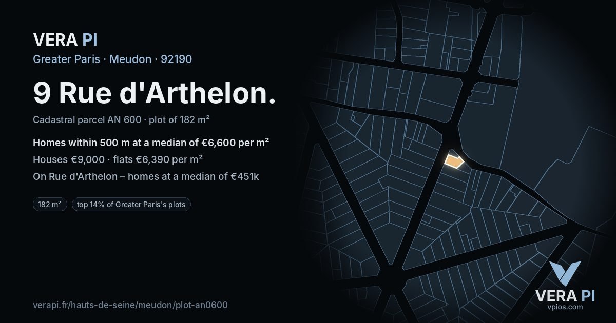 9 Rue d'Arthelon, Meudon at night – the plot lit, the parcels around coloured by the prices near them