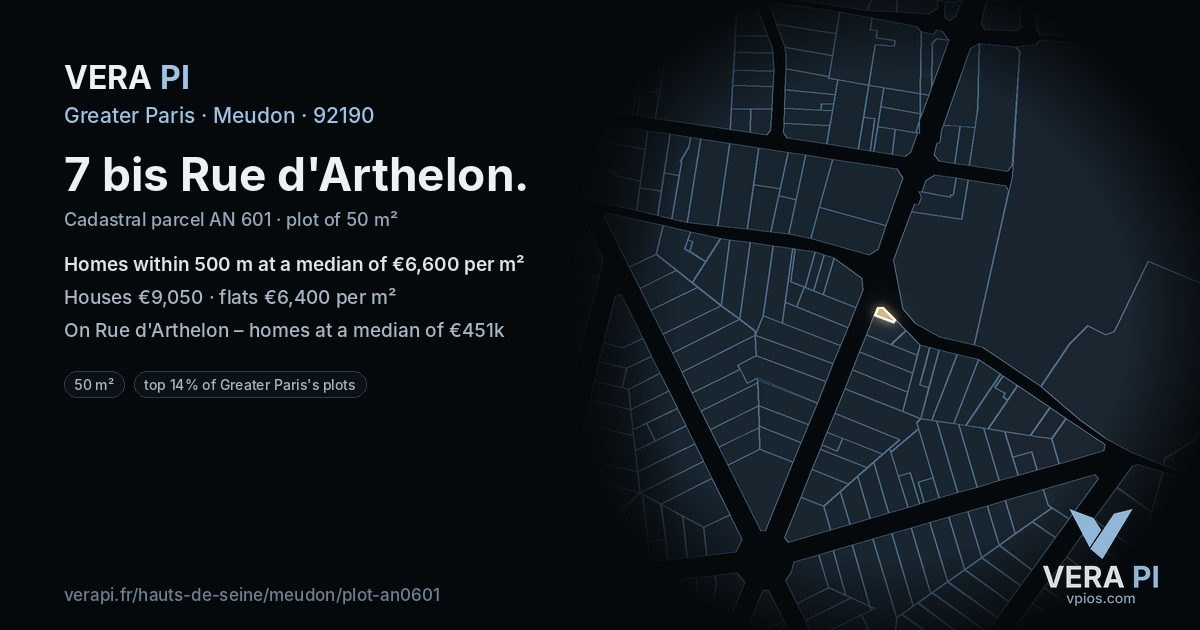 7 bis Rue d'Arthelon, Meudon at night – the plot lit, the parcels around coloured by the prices near them