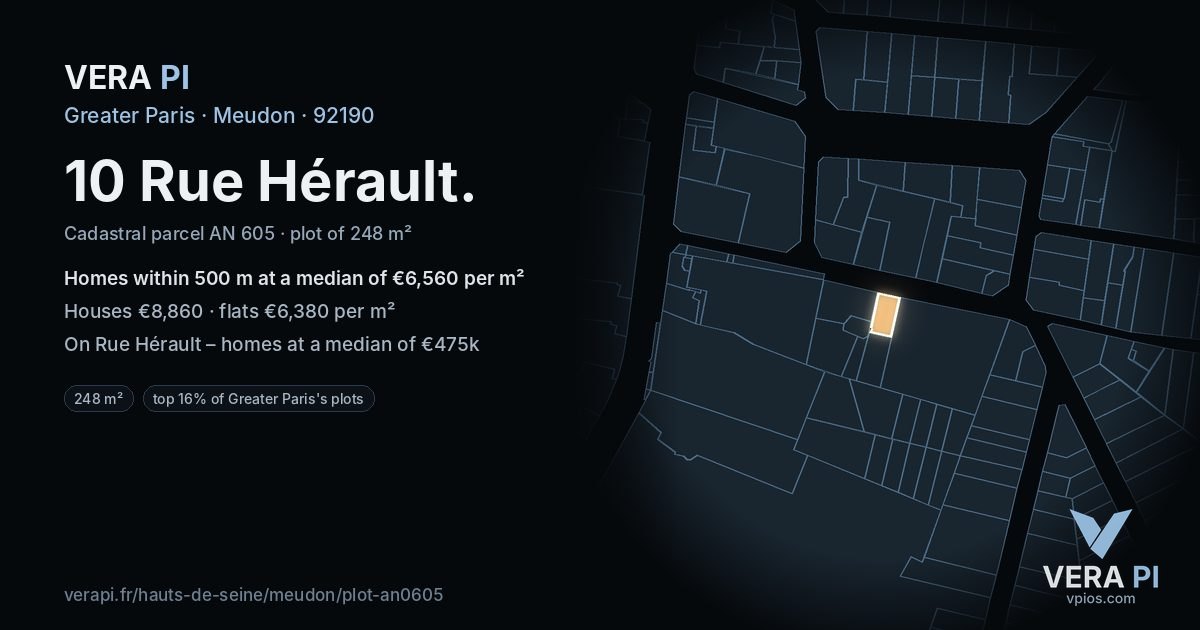 10 Rue Hérault, Meudon at night – the plot lit, the parcels around coloured by the prices near them