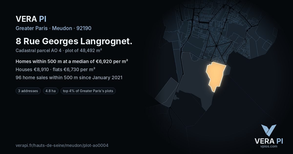 8 Rue Georges Langrognet, Meudon at night – the plot lit, the parcels around coloured by the prices near them
