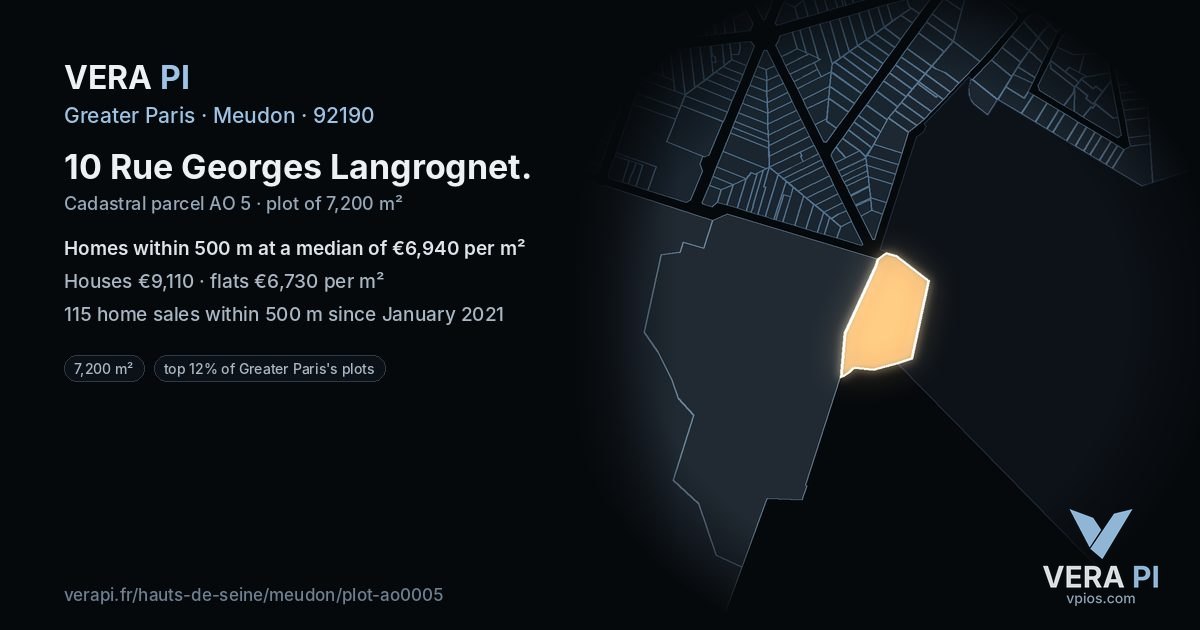 10 Rue Georges Langrognet, Meudon at night – the plot lit, the parcels around coloured by the prices near them