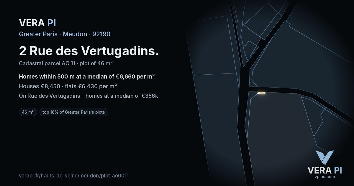 2 Rue des Vertugadins, Meudon at night – the plot lit, the parcels around coloured by the prices near them