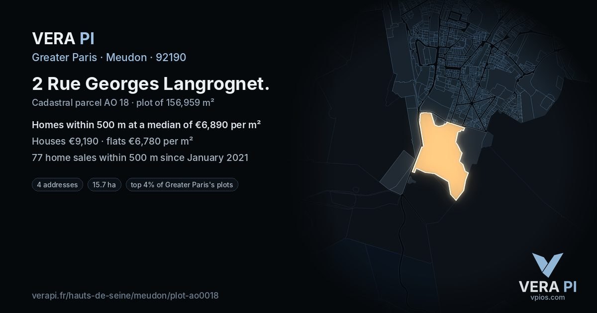 2 Rue Georges Langrognet, Meudon at night – the plot lit, the parcels around coloured by the prices near them
