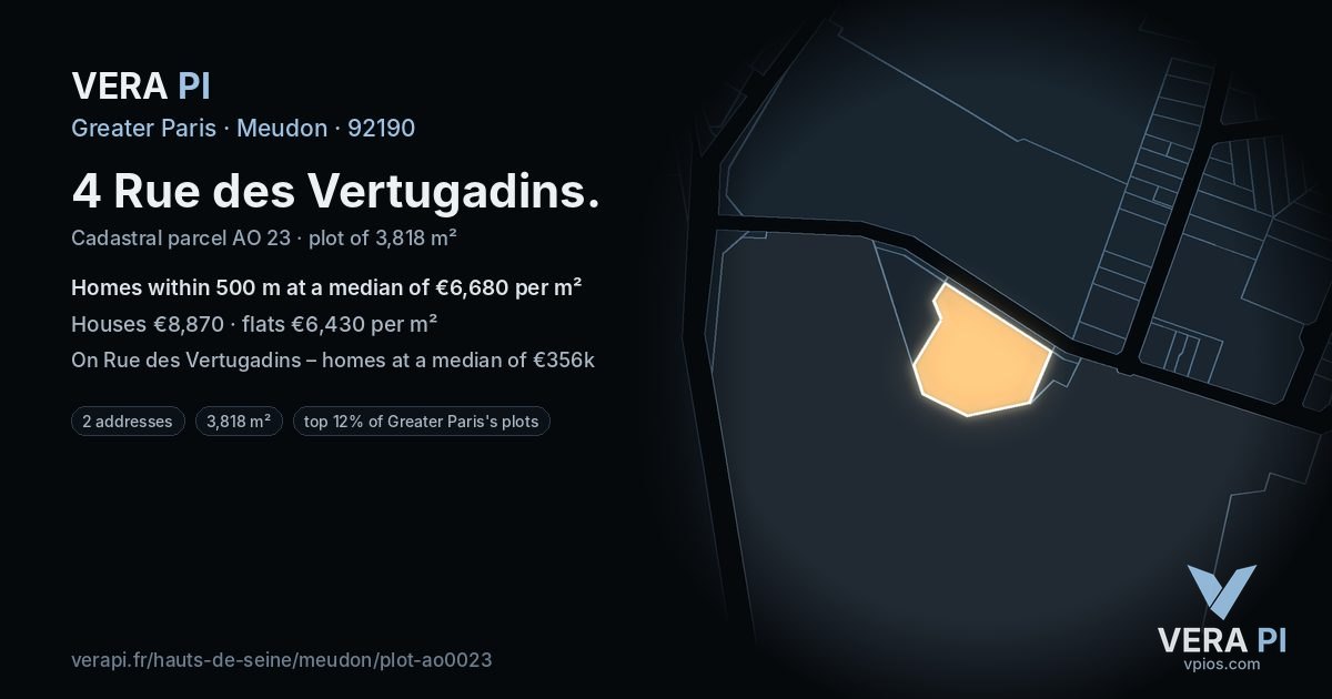 4 Rue des Vertugadins, Meudon at night – the plot lit, the parcels around coloured by the prices near them