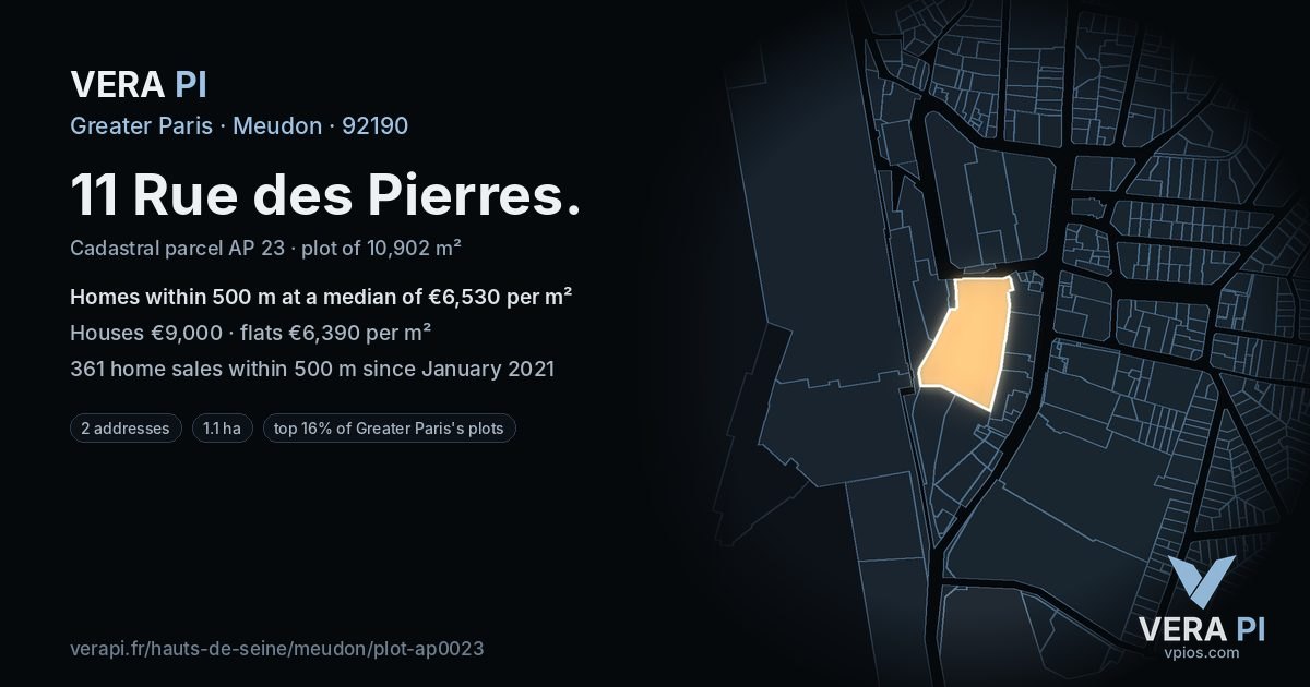 11 Rue des Pierres, Meudon at night – the plot lit, the parcels around coloured by the prices near them