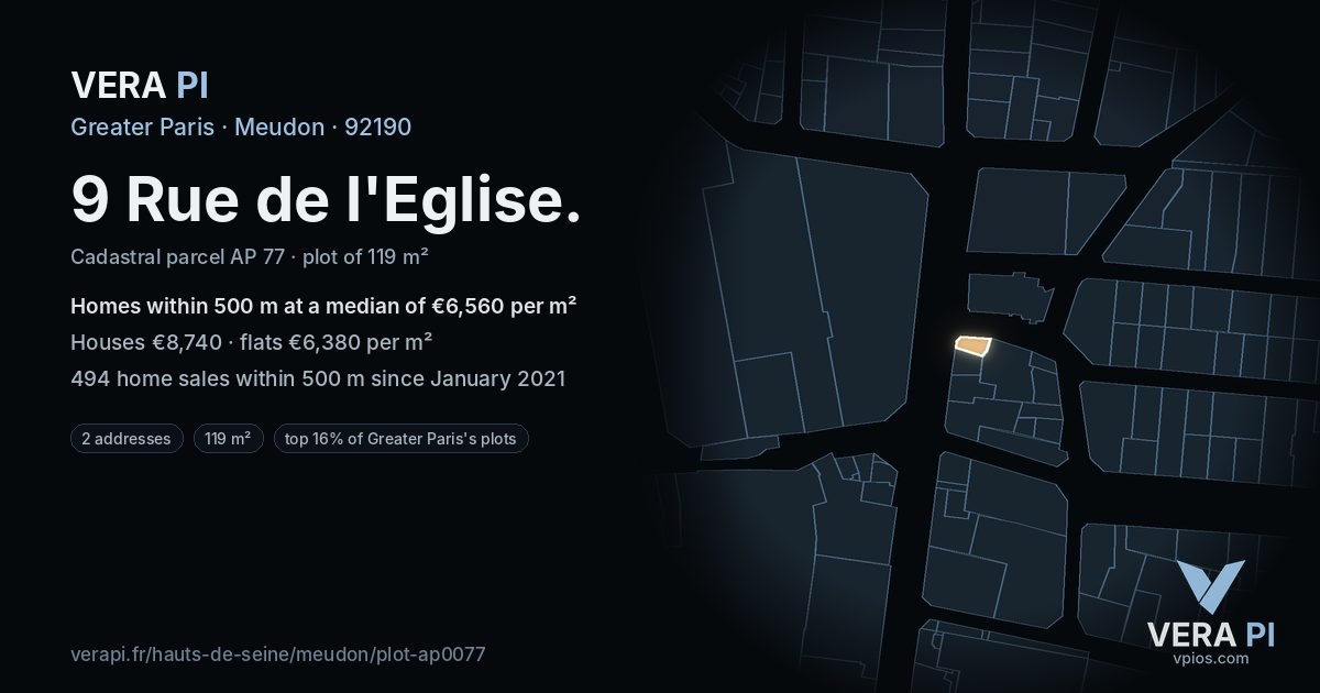 9 Rue de l'Eglise, Meudon at night – the plot lit, the parcels around coloured by the prices near them