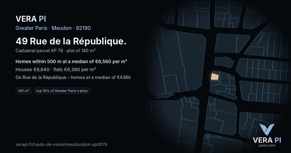 49 Rue de la République, Meudon at night – the plot lit, the parcels around coloured by the prices near them