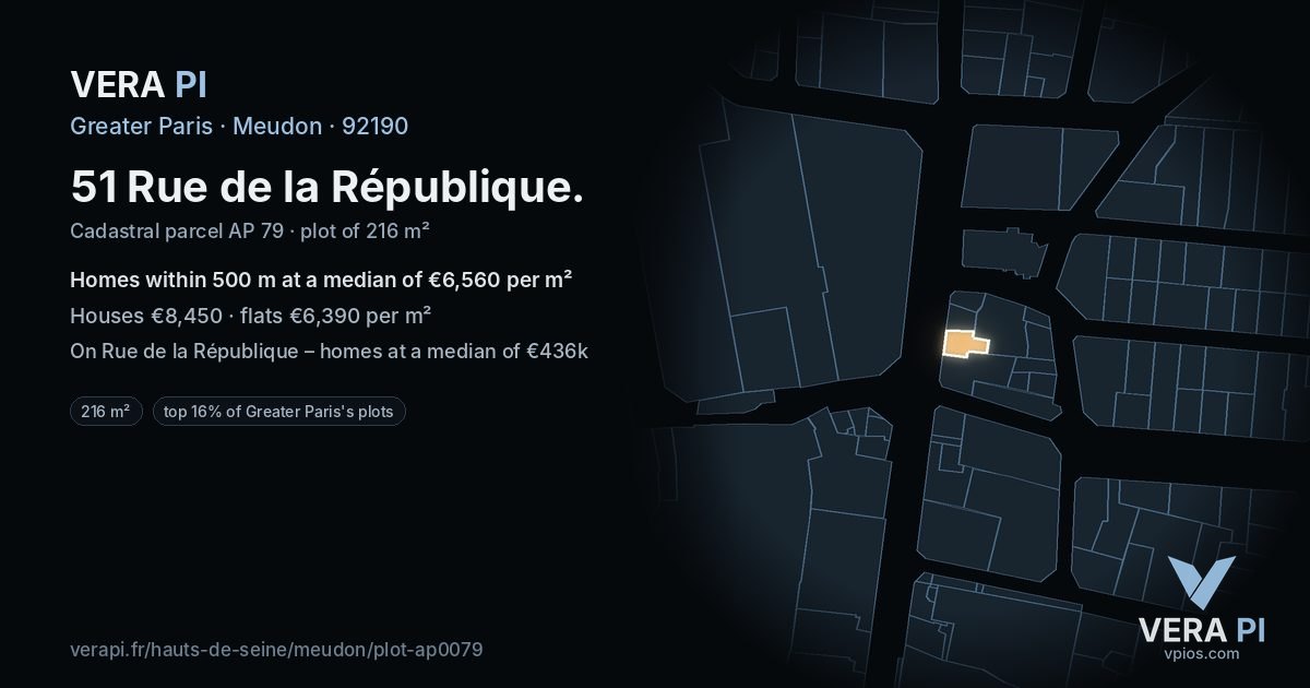51 Rue de la République, Meudon at night – the plot lit, the parcels around coloured by the prices near them