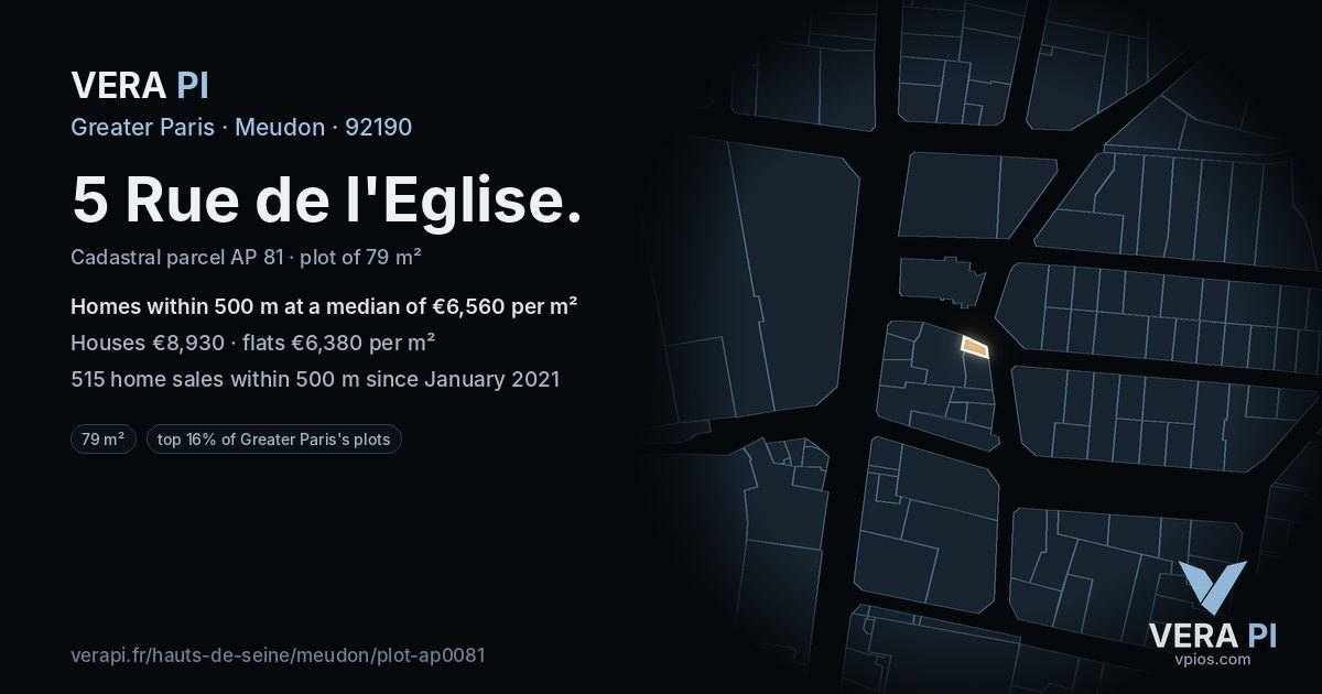 5 Rue de l'Eglise, Meudon at night – the plot lit, the parcels around coloured by the prices near them