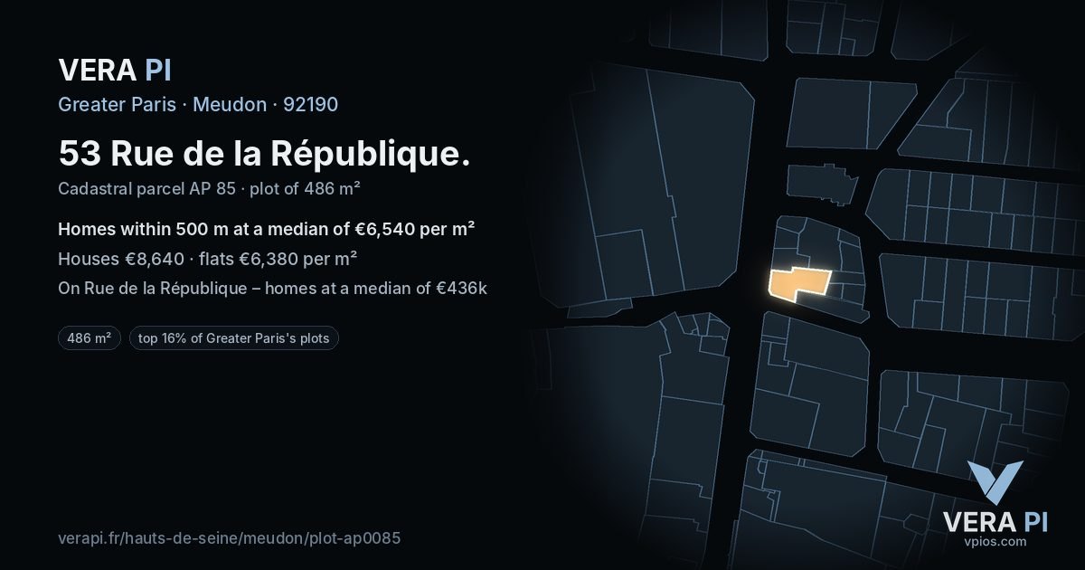 53 Rue de la République, Meudon at night – the plot lit, the parcels around coloured by the prices near them