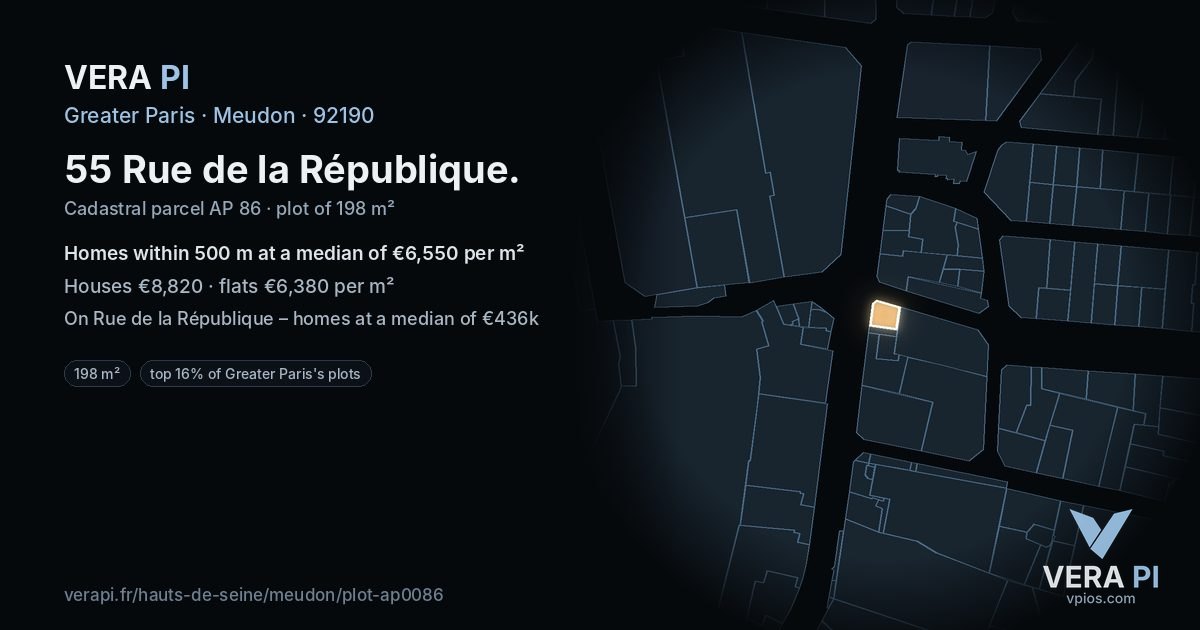 55 Rue de la République, Meudon at night – the plot lit, the parcels around coloured by the prices near them