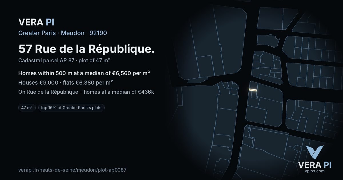 57 Rue de la République, Meudon at night – the plot lit, the parcels around coloured by the prices near them