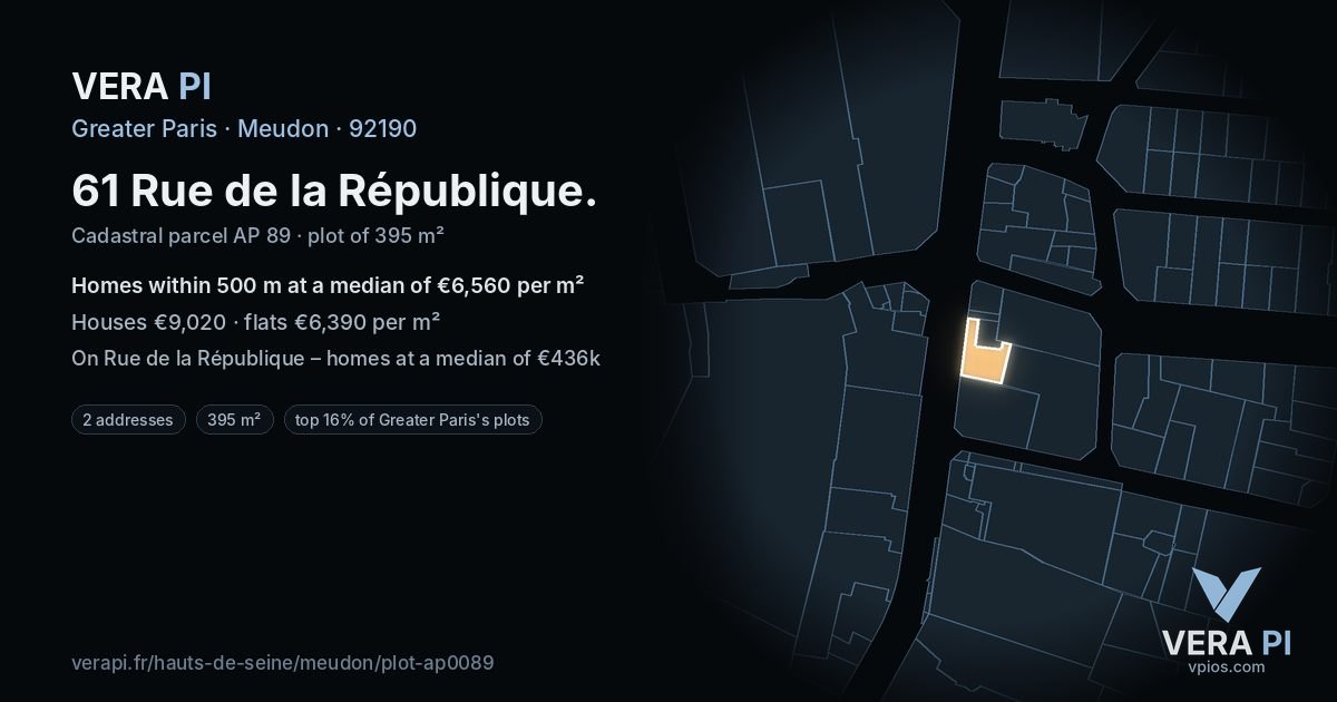 61 Rue de la République, Meudon at night – the plot lit, the parcels around coloured by the prices near them