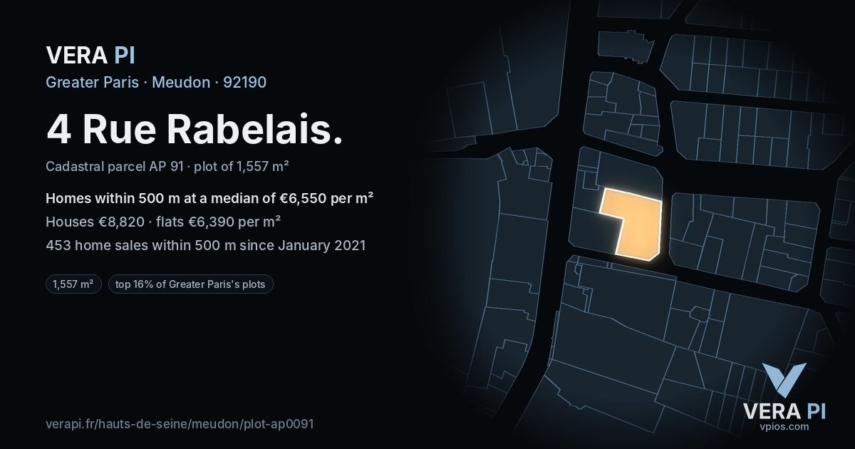 4 Rue Rabelais, Meudon at night – the plot lit, the parcels around coloured by the prices near them