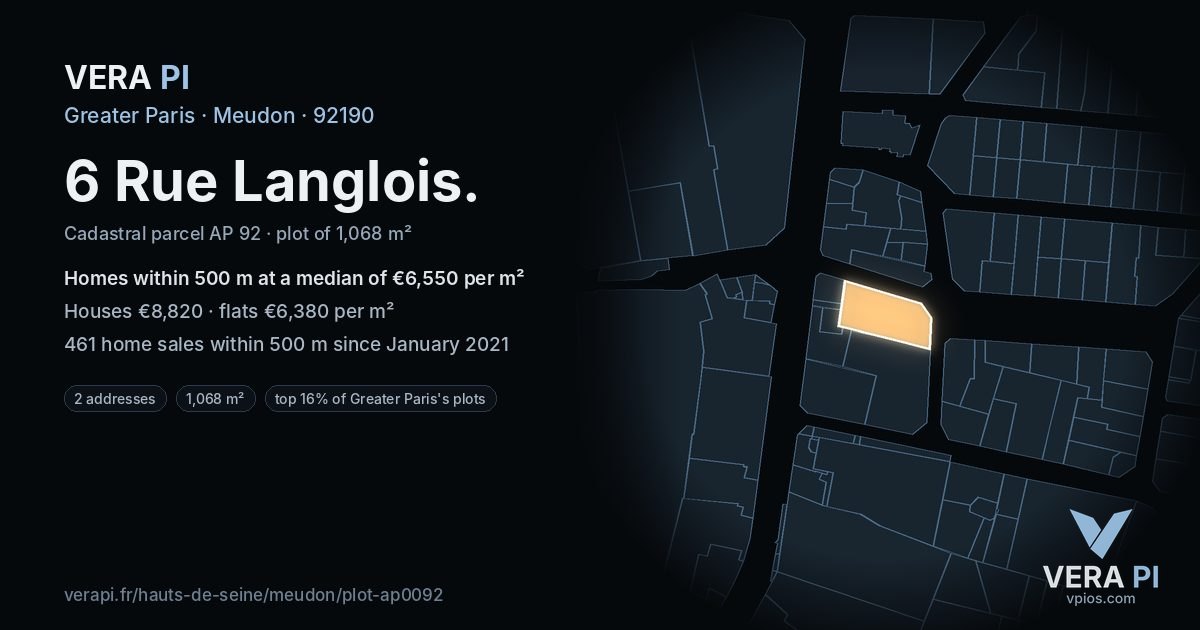 6 Rue Langlois, Meudon at night – the plot lit, the parcels around coloured by the prices near them